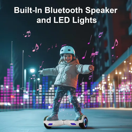 Vista 2 de Kids Scooter with Bluetooth Speaker & Corlorful LED Lights, Dual 250W Motor 7.5 Mph Speed, Gifts for All Ages Blanco