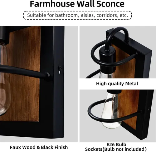Vista 4 de Apliques de pared estilo granja, iluminación de pared industrial moderna en interior con base E26 color madera falso acabado negro mate, lámpara