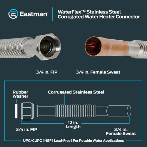 Vista 6 de Eastman Conector de calentador de agua WaterFlex de 12 pulgadas, 3/4 pulgadas FIP x 3/4 pulgadas de sudor femenino, línea de suministro