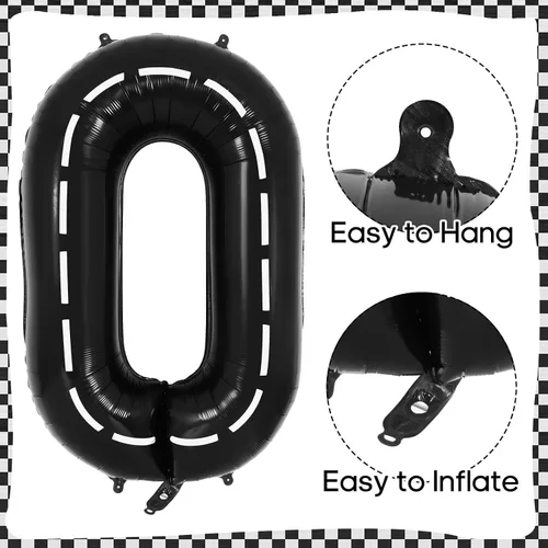 Vista 5 de Globos de cumpleaños de auto de carreras, globo número 0 de carrera, globo de aluminio grande de 40 pulgadas, globo negro 0 para decoración