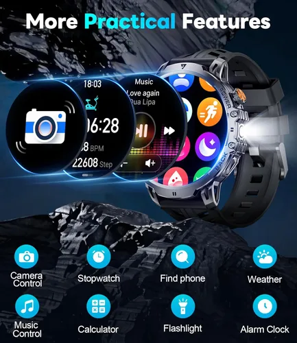 Vista 8 de Reloj inteligente militar para hombre, pantalla grande HD de 1.85 pulgadas, llamada Bluetooth, 1000 mAh, linterna, monitor de sueño de frecuencia