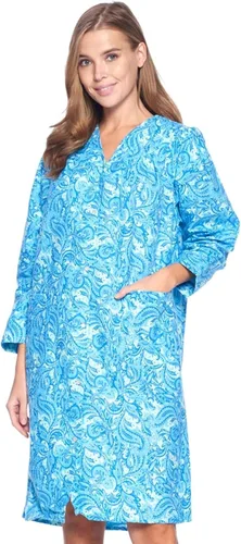 Vista 9 de Casual Nights Vestido largo de franela con botones florales en la parte delantera, manga larga, bata de casa holgada para mujer Floral azul