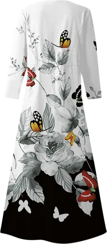 Vista 3 de EKVAHL Vestido de manga 34 para mujer, vestidos de otoño, casual, holgado, talla grande, cuello redondo, estampado floral, elegante vestido largo