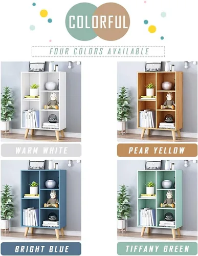 Vista 4 de IOTXY - Estantería de madera con espacios abiertos, 3 niveles, con patas, 5 cubos, color azul brillante Nordic Minimalist Style, MDF