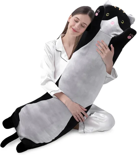 Vista 20 de shangman Bonita muñeca de gato de peluche, bonita almohada de peluche suave de caricaturas, almohada larga para dormir, regalo del día de San Negro