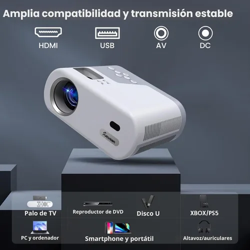 Vista 7 de Mini proyector, proyector con WiFi y Bluetooth, proyector portátil de soporte 1080P, altavoz integrado, compatible con teléfono