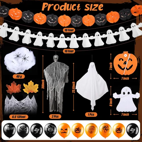 Vista 2 de Leyndo Kit de 117 piezas de decoración de Halloween para tronco o automóvil con fantasma de esqueleto colgante, fantasma de tela, guirnaldas