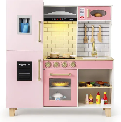 Vista 14 de Costzon Juego de cocina para niños, juego de madera para niños pequeños con luces y sonidos reales, fregadero, grifo, dispensador de agua, Blanco