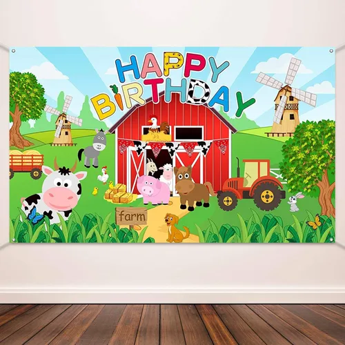 Vista 4 de Fondo de fotografía de animales de granja, puerta de granero, color rojo, para baby shower y suministros de fiesta de cumpleaños de niños, 72.8 x