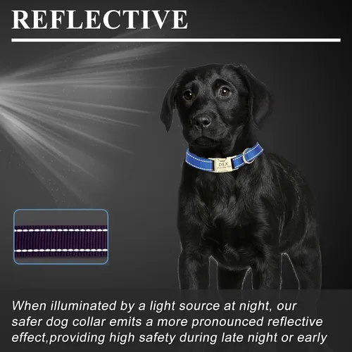 Vista 5 de Collar de perro de nailon reflectante personalizado con etiqueta de nombre Collares de perro con hebilla dorada grabados personalizados Collar