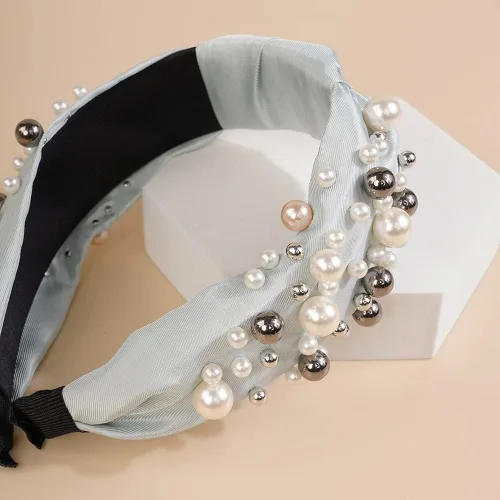 Vista 4 de Wiwpar Diademas anudadas de perlas para mujer, diadema ancha de perlas anchas para la cabeza, accesorios para el cabello bohemios (azul)
