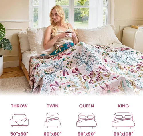 Vista 49 de MSGKV - Manta bohemia/primaveral de algodón para sofá y sala de estar, de gasa acogedora, de 50 x 60 pulgadas 50"x60" Cotton Throw, Woven Bird