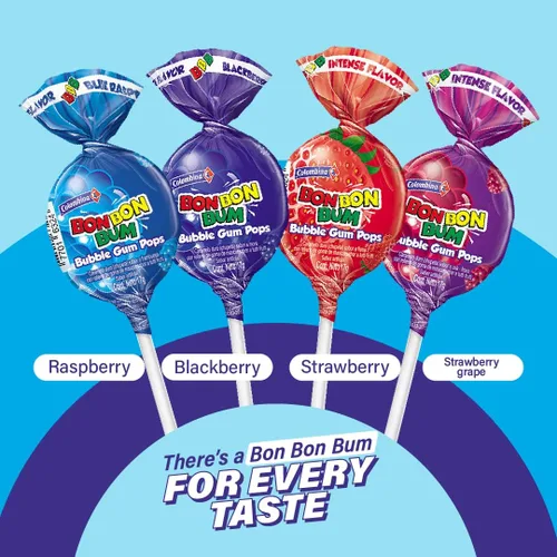 Vista 4 de Colombina Bon Bon Bum - Paletas con centro de chicle, sabor a explosión de bayas, paletas surtidas envueltas individualmente, golosinas