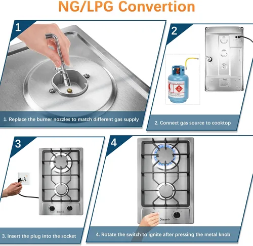 Vista 7 de Cocina de gas de 2 quemadores de propano - Estufa de gas de acero inoxidable de 12 pulgadas para combustible dual LPG/GN, quemador de gas portátil