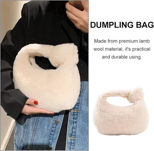 Vista 7 de VALICLUD Bolsa de felpa de invierno para dumpling de moda, bolsa de almacenamiento portátil, Blanco