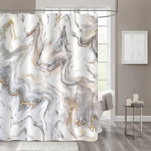 Vista 8 de Gibelle Cortina de ducha pequeña de 36 x 72 pulgadas, diseño de mármol medio abstracto estrecho para baño, juego de cortina de ducha moderna de tela