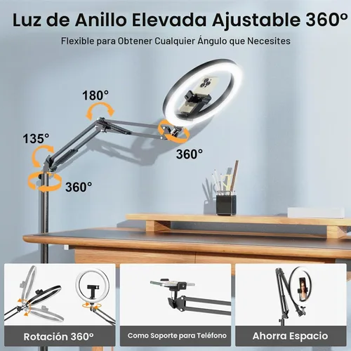 Vista 3 de Anillo de luz con trípode para iPhone, soporte de cámara de teléfono superior con luz y soporte para teléfono para grabación, luz selfie de 10