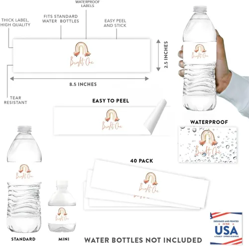 Vista 2 de Andaz Press Etiquetas impermeables para botellas de agua de primer cumpleaños con diseño de arco iris bohemio, envolturas brillantes para botellas