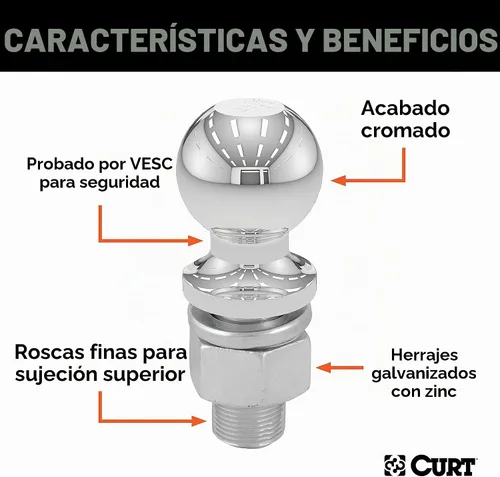 Vista 3 de CURT 40008 Bola de enganche de remolque cromada, 20,000 libras, diámetro de 2-5/16 pulgadas, vástago de 1-1/4 x 2-3/4 pulgadas