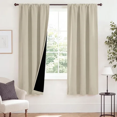 Vista 51 de NICETOWN Biscotti Beige 100% Cortinas opacas de 45" de largo para cocina, bolsillo con varilla para sótano completamente opaco, cortinas térmicas