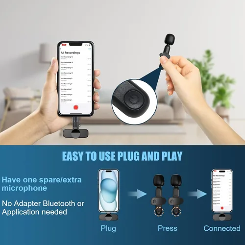 Vista 4 de Paquete de 2 micrófonos inalámbricos para iPhone, iPad, Android, portátil, mini micrófono con clip Plug-Play, micrófono de solapa profesional