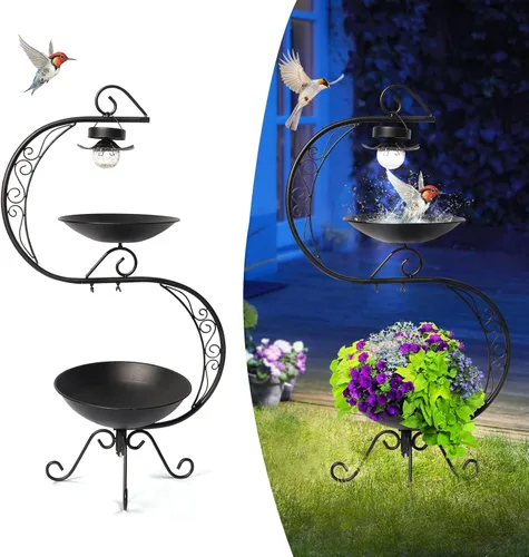 Vista 10 de HONGLAND Baño de metal para pájaros de 36.5 pulgadas con enrejado, baño para pájaros de jardín al aire libre con cuenco desmontable y soporte