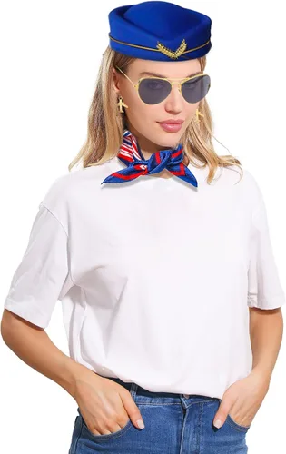 Vista 7 de LaVenty Accesorios de disfraz de azafata para mujer, accesorios de disfraz de azafata, sombrero, aretes, gafas de sol, bufanda, guantes