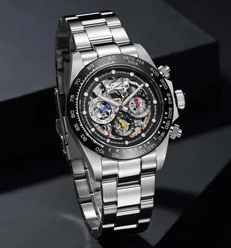 Vista 6 de LOREO Reloj Automático para Hombre de Acero Inoxidable Plateado con Cristal de Zafiro, Bisel de Cerámica, Fecha, Militar, de Buceo, Impermeable Negro