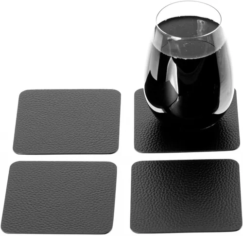 Vista 4 de Nikalaz Juego de 4 manteles individuales y 4 posavasos pequeños negros hechos de cuero reciclado, manteles individuales
