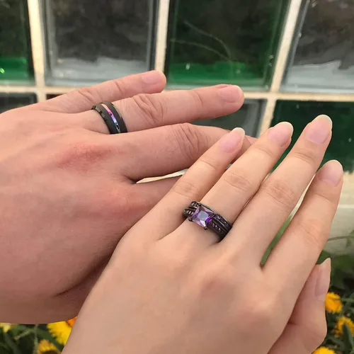 Vista 6 de Sheloves - Anillos de boda chapados en negro para parejas y mujeres, juego de anillos de boda de tungsteno para hombre y mujer