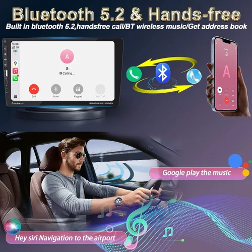 Vista 5 de Radio estéreo para automóvil DIN de 9 pulgadas con Apple CarPlay Android Auto, pantalla táctil IPS 1024 x 600, Bluetooth 5.2, radio de coche FM