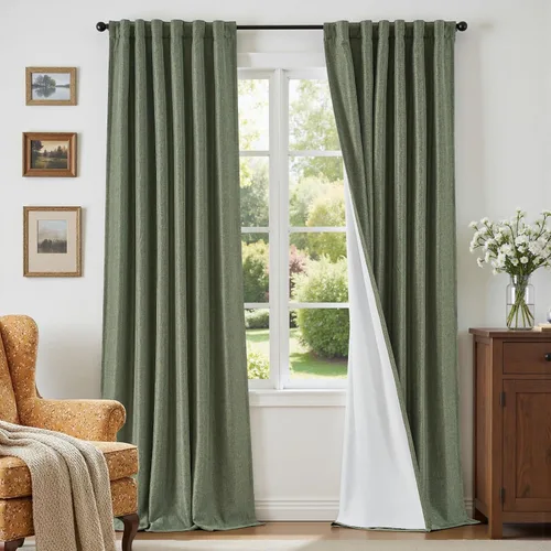 Vista 22 de Cortinas opacas completas de 63 pulgadas de largo para dormitorio, cortinas texturizadas de lino beige con forro con aislamiento térmico, cortinas