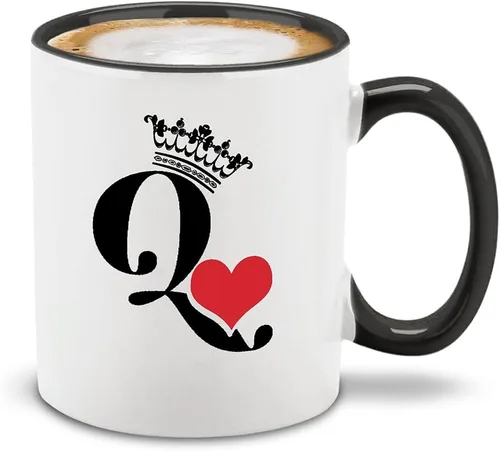 Vista 4 de shop4ever® King & Queen of Hearts - Juego de 2 tazas de café de cerámica para parejas, taza de té de 11 onzas, regalo para él y ella (mango negro)