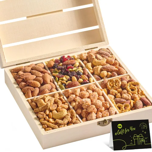Vista 18 de NUT CRAVINGS - Cesta de regalo de nueces mixtas en bandeja de madera de diamante reutilizable + cinta verde (12 surtidos) golosinas para adultos