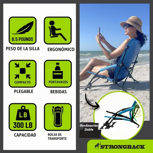Vista 6 de STRONGBACK Sillas de playa – Silla de playa portátil reclinable de baja gravedad – con soporte lumbar integrado, sillas de playa plegables Negro