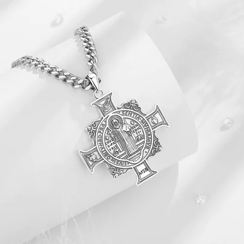 Vista 2 de EUDORA Collar de plata de ley 925 con San MiguelSan CristóbalSan BenitoVirgen MaríaSan Judas TadeoCruz de Buen PastorArcángel, Medalla con colgante