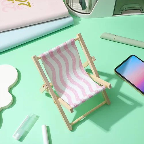 Vista 8 de Beavorty Silla de playa Soporte para teléfono móvil Soporte de escritorio de madera y lona para silla de playa de madera en miniatura, soporte