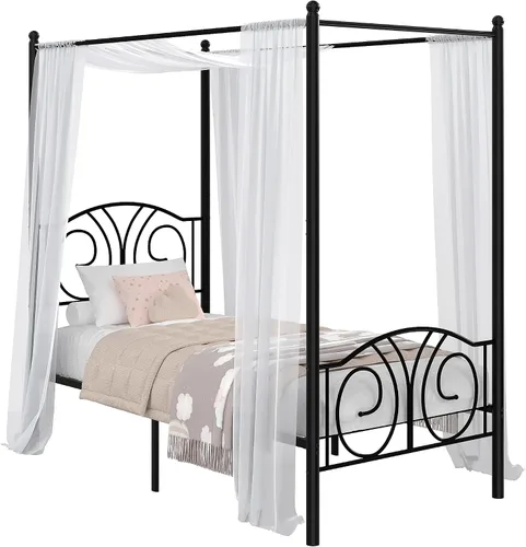 Vista 10 de VECELO - Marco de cama con dosel doble, cabecera vintage con voluta, color negro mate Twin canopy bed frame, Scrollwork metal headboard, Sturdy