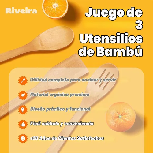 Vista 4 de Riveira Cucharas de madera de bambú para cocinar, 3 piezas, espátula de madera esencial para apartamento, cuchara antiadherente, juego de utensilios