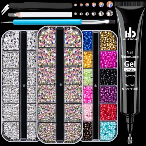 Vista 11 de Kit de pedrería para uñas BELLEBOOST, 15ml de pegamento de gel con strass + gemas coloridas + cristales de vidrio flatback AB y gemas transparentes