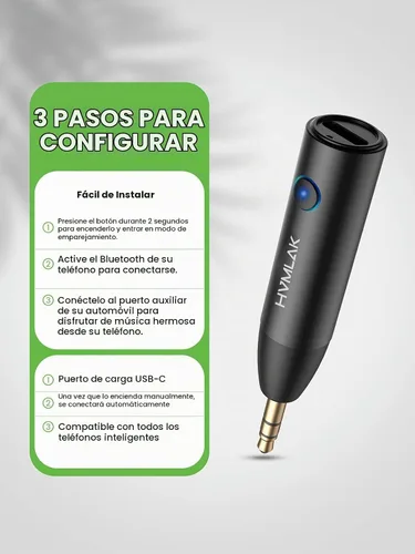Vista 4 de HVMLAK Adaptador Bluetooth 5.3 Aux para Coche con Micrófono Mejorado, Jack de 3.5mm para Estéreo de Coche y Hogar, Carga USB-C, Estuche Resistente