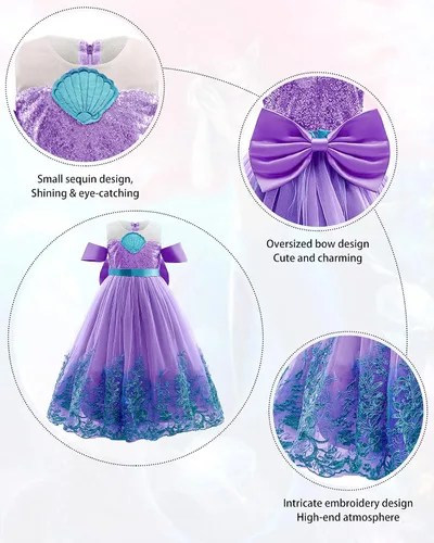 Vista 4 de keaiyouhuo Vestido de princesa sirena 3-13T para niñas disfraz de cosplay vestido de fiesta de cumpleaños peluca roja