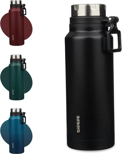 Vista 8 de BJPKPK Botella de agua aislada de 24 onzas con asa, sin BPA, botella térmica de viaje de acero inoxidable reutilizable, botella de agua grande, Negro