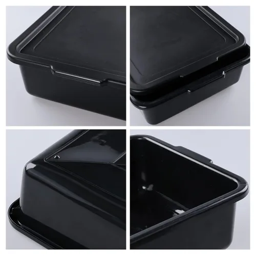 Vista 3 de Paquete de 3 cajas de plástico con tapa, tinas de autobús comerciales, 13 L, color negro