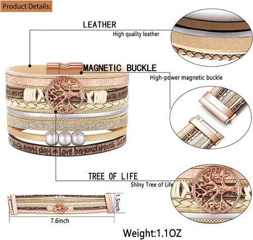 Vista 5 de Pulseras inspiradoras de cuero del árbol de la vida para mujeres, cumpleaños, día de la madre, regalos de joyería para adolescentes y niñas