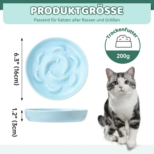 Vista 2 de Ceramic Slow Feeder Cat Bowl, 6.3'' Wide Whisker Friendly Cat Puzzle Feeder Cuenco-Azul Pastel