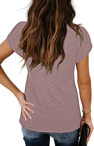 Vista 3 de Camisas casuales de manga corta para mujer, plisadas, a la moda, con agujero frontal, cuello redondo, estampado floral, ajuste holgado
