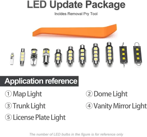 Vista 6 de Kit de 11 bombillas LED para interiores Dodge Dart 2013, 2014, 2015, 2016, mapa, cúpula, cajuela, espejo de tocador, luces de matrícula