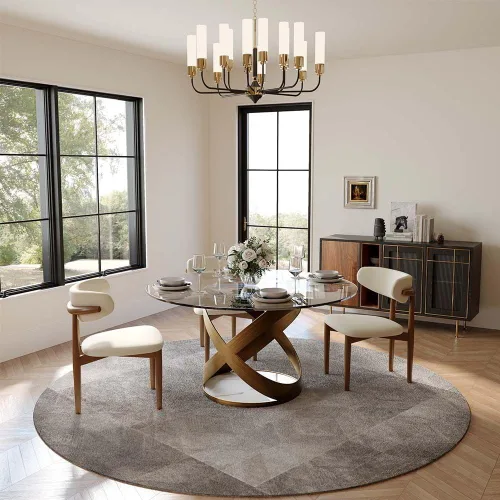 Vista 3 de POVISON Juego de 4 sillas de comedor redondas de lino y algodón con mesa de comedor de vidrio (mesa de comedor de 51 pulgadas + 4 sillas)