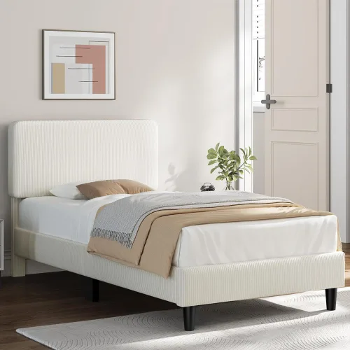 Vista 3 de Yaheetech Estructuras de Cama Individual con Cabecera Ajustable, Cabecera Tapizada de Tela de Chenilla/Cama de Plataforma, Estructura de Cama